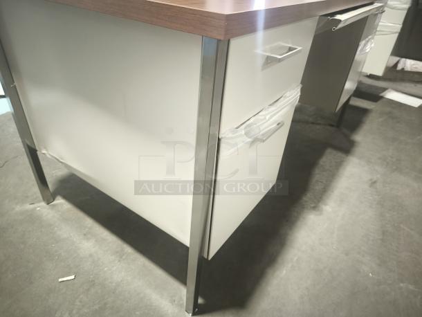 Alera 25953 double pedestal steel desk with cherry top, putty legs, visible storage drawers, 60x30x29.5 in, new condition.