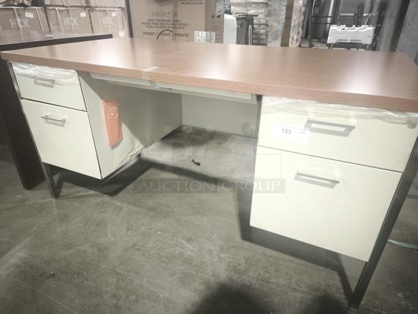 Alera 25953 double pedestal desk, 60"x30"x29.5", cherry top, putty legs, steel frame, dual drawers, new condition.