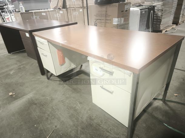 Alera 25953 double pedestal steel desk, 60"x30"x29.5", cherry top, putty legs, with drawers, mint condition, office setting.