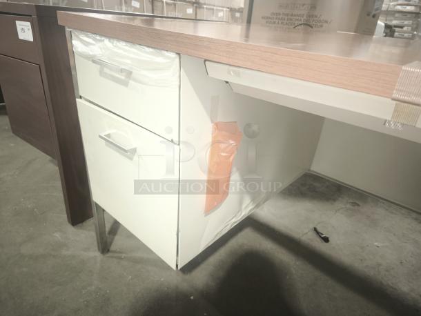 Alera 25953 double pedestal steel desk, cherry/putty with putty legs, 60x30x29.5 in. features two drawers, used condition.