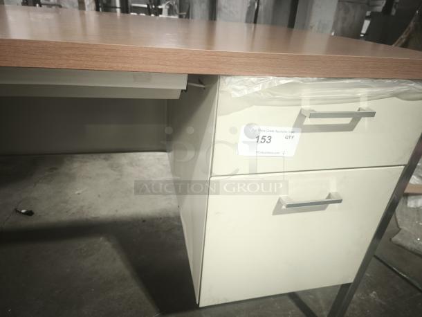 Alera double pedestal steel desk, cherry top, putty legs, 60"x30"x29.5". Features two drawers, label "153" visible.