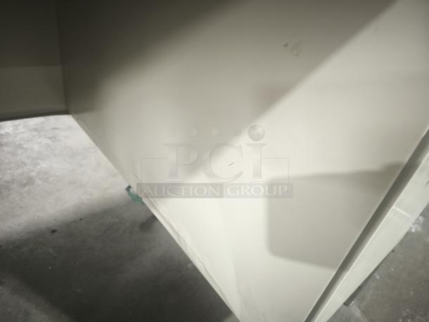 Alera double pedestal desk, 60"x30"x29.5", cherry/putty, visible wear on putty legs, sturdy steel construction.