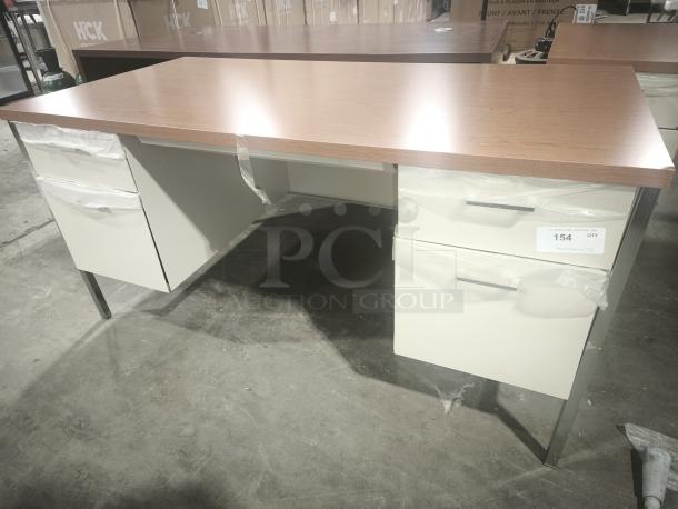 Alera 25953 60"x30"x29.5" double pedestal desk, cherry top, putty steel legs, new condition, plastic-wrapped drawers.