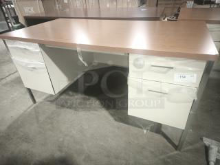 Alera 25953 60"x30"x29.5" double pedestal desk, cherry top, putty steel legs, new condition, plastic-wrapped drawers.