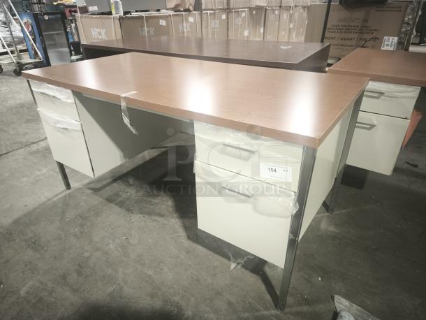 Alera 25953 double pedestal steel desk, 60x30x29.5 in., cherry top, putty legs, new condition, visible label with item number 154.