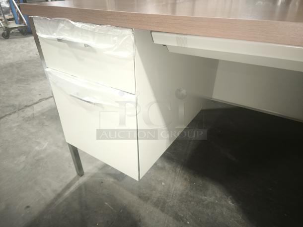 Alera double pedestal steel desk, 60"x30"x29.5", cherry/putty finish, putty legs, new condition, protective plastic on drawers.