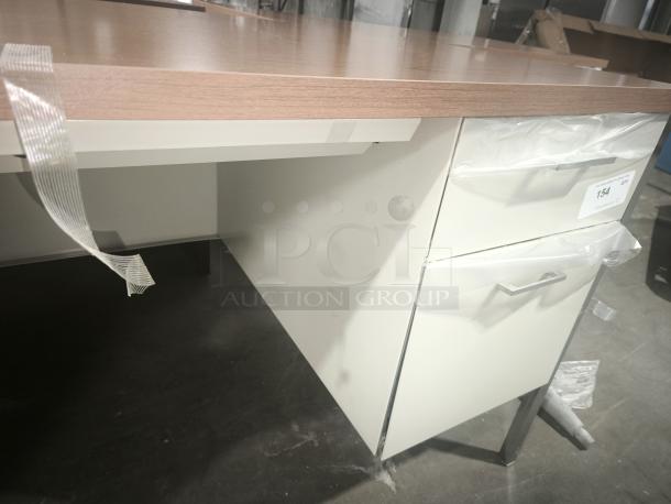 Alera 60"x30"x29.5" double pedestal steel desk, cherry top, putty legs, like new. Detached tags show item #154.