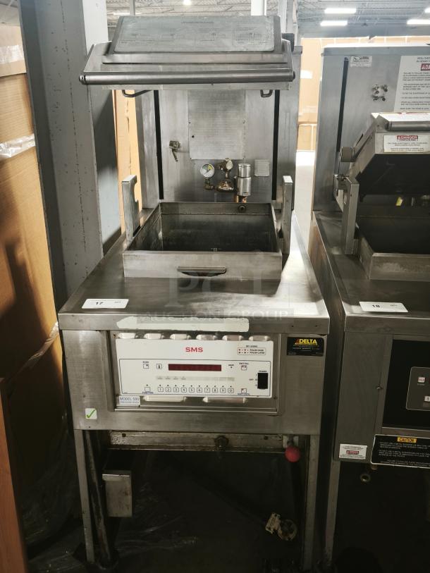 SMS Computron 8000 pressure fryer, stainless steel, KFC model, working condition before removal, front control panel.