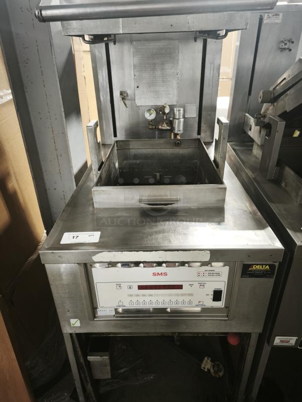 SMS Computron 8000 pressure fryer, stainless steel, visibly used, control panel intact, working before removal.