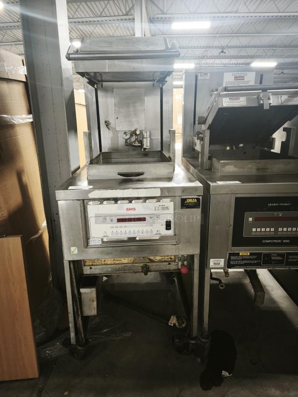 SMS Computron 8000 pressure fryer, used, stainless steel, front control panel, visibly functional before removal.