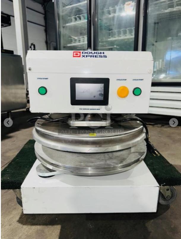 Dough Xpress DXE-WH 18" electromechanical pizza dough press, almost new, 120V, 1150W, control panel with start/stop buttons.