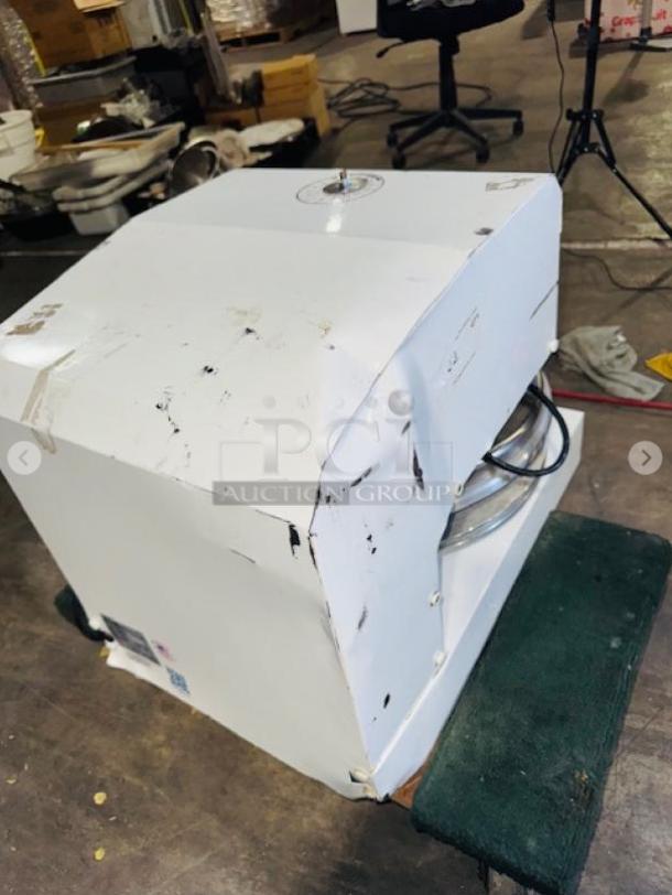 Dough Xpress DXE-WH 18" electromechanical pizza dough press in used condition; visible scuffs and marks on white exterior.