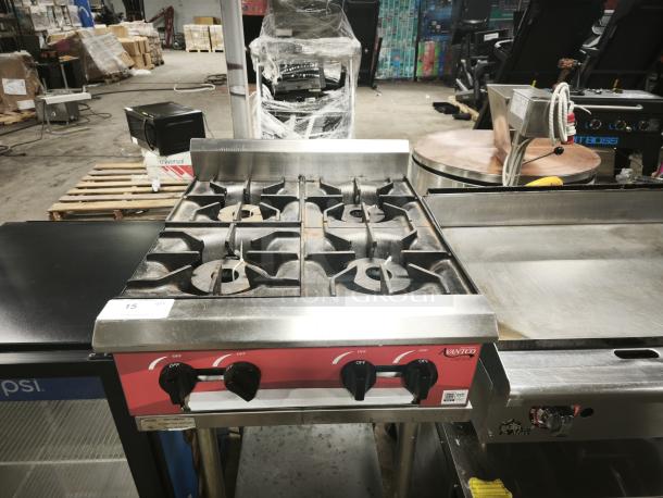 Brand new Avantco Chef Series 24" 4 Burner Gas Countertop Range, Model 177CAGR424, 100,000 BTU, stainless steel.