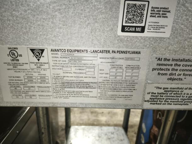 Brand new Avantco 177CAGR424 Chef Series 24" 4 Burner Gas Countertop Range label, 100,000 BTU, manufactured 02/07/2023.