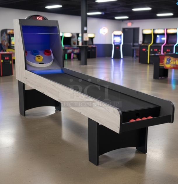 96" Skee-Ball Arcade Table Machine, new, features classic wooden design, electronic score display, ideal for home or commercial use.