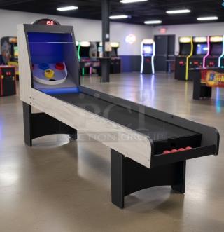 96" Skee-Ball Arcade Table Machine, new, features classic wooden design, electronic score display, ideal for home or commercial use.