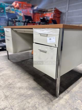 Alera 25953 Double Pedestal Steel Desk, 60x30x29.5 in, Cherry/Putty, putty legs, label visible, sturdy and spacious.