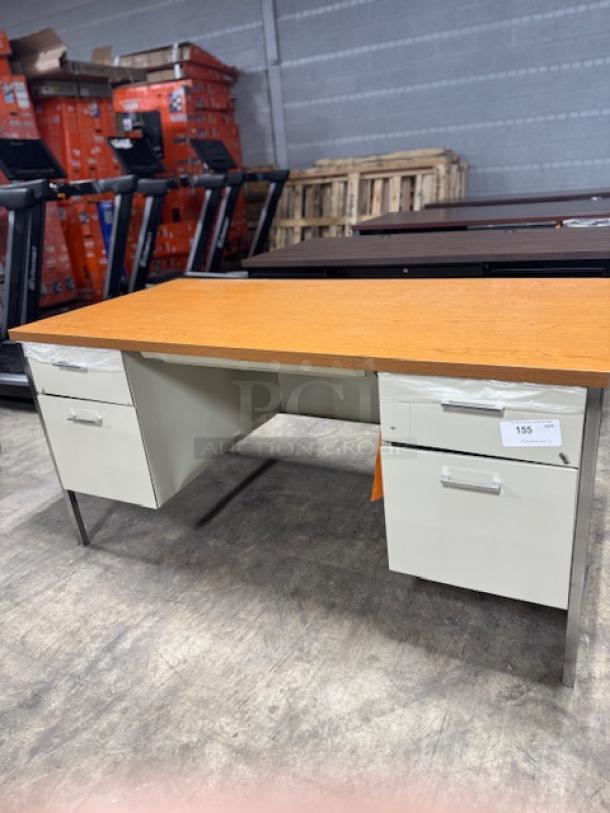 Alera 25953 Double Pedestal Steel Desk, 60x30x29.5 in, Cherry/Putty, Putty Legs, with two drawer sets.