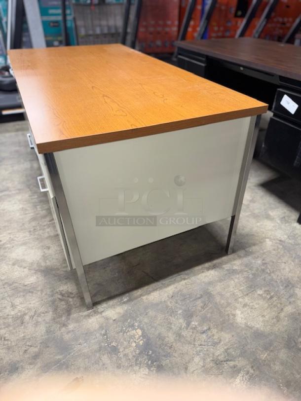Alera 25953 double pedestal steel desk, 60"x30"x29.5", cherry top, putty legs, used condition, visible side drawers.