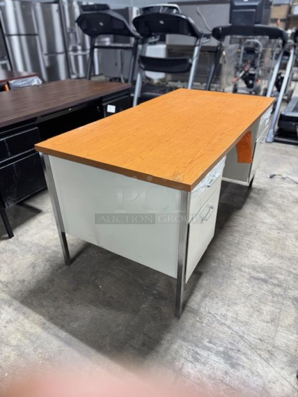 Alera 25953 double pedestal steel desk, 60"x30"x29.5", cherry top, putty legs, drawers; gently used condition.
