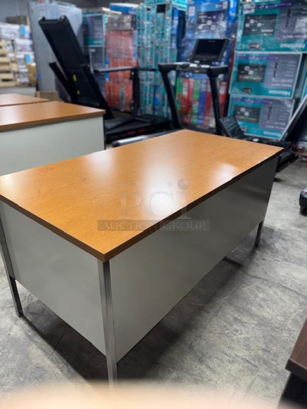 Alera 25953 double pedestal steel desk, 60x30x29.5 inches, cherry top, putty frame and legs, in good condition.