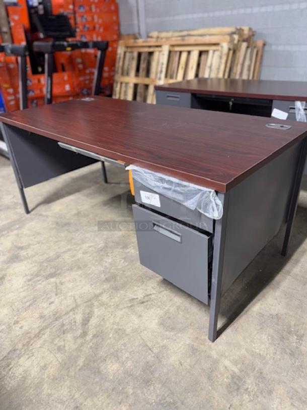 ALERA double pedestal steel desk, model ALEHSD6030CM, 60"x30"x29.5", mahogany top, charcoal legs, new with dents and scratches.