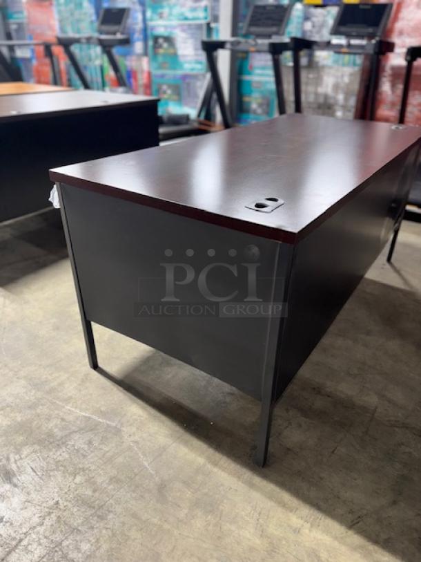 BRAND NEW ALERA double pedestal desk, 60"x30"x29.5", mahogany top, charcoal legs, minor dent/scratch, model ALEHSD6030CM.