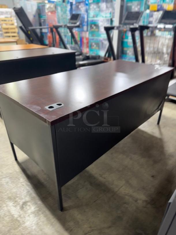 BRAND NEW ALERA ALEHSD6030CM double pedestal steel desk, 60"x30"x29.5", dented, scratched, mahogany top, charcoal legs.