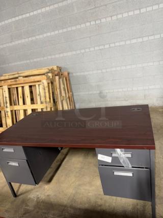 ALERA Double Pedestal Steel Desk, 60"x30"x29.5", Mahogany/Charcoal, brand new with dents and scratches. Model ALEHSD6030CM.