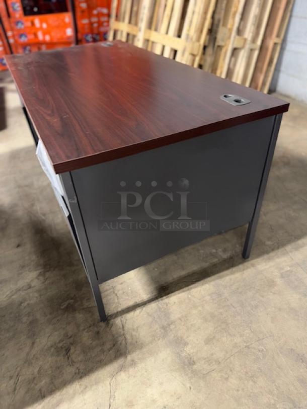 BRAND NEW ALERA double pedestal steel desk, 60"x30"x29.5", mahogany top, charcoal legs, dent and scratch, model ALEHSD6030CM.