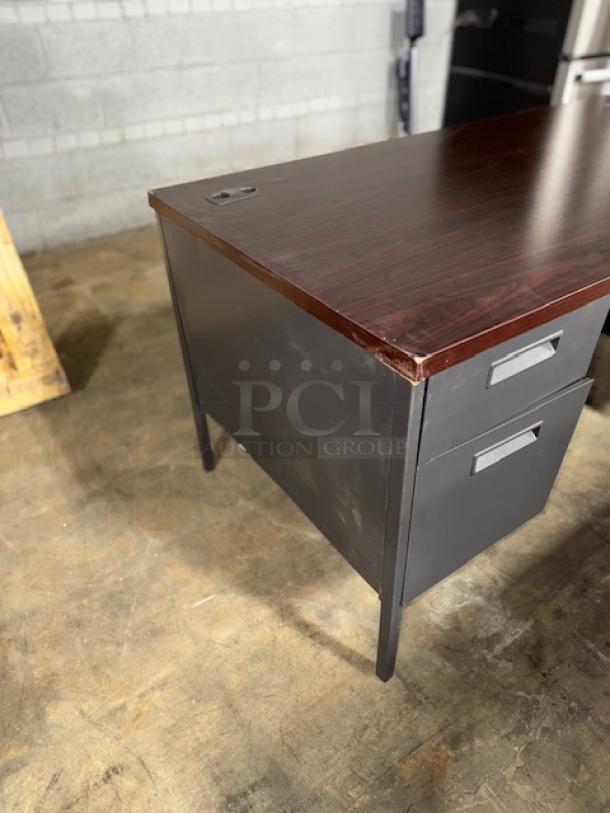 BRAND NEW ALERA ALEHSD6030CM double pedestal steel desk, 60"x30"x29.5", mahogany top, charcoal legs, minor dents, and scratches.