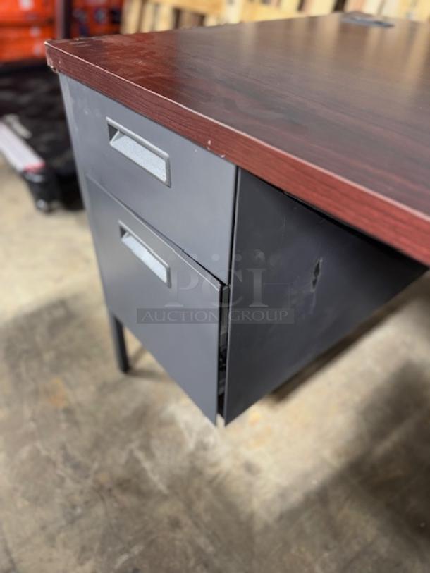 ALERA Double Pedestal Steel Desk, 60"x30"x29.5", Mahogany top, Charcoal legs. Dent on the drawer. Model ALEHSD6030CM.