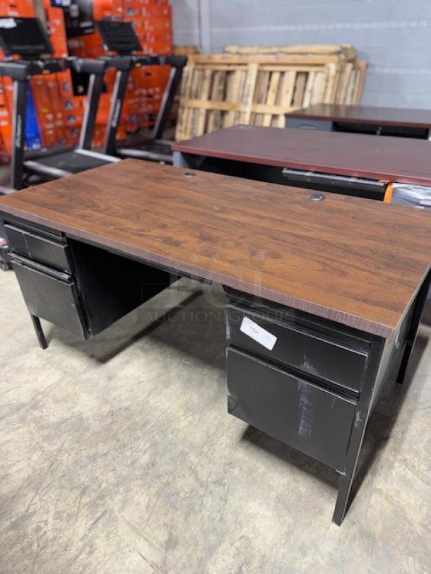 Alera ALEHSD6030BM desk, featuring a wood grain tabletop and black metal drawers. Visible tag with model details.