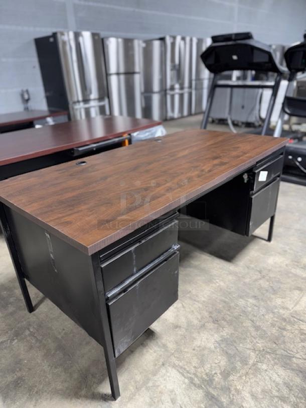 ALERA ALEHSD6030BM desk with a wood grain top and black metal frame, dual side drawers, excellent condition.