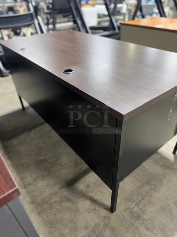 ALERA ALEHSD6030BM desk, wood top, black base, cable management grommets. Excellent condition, sturdy design.