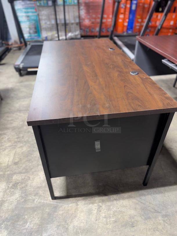 ALERA ALEHSD6030BM desk, wood top, black metal frame, excellent condition, grommet holes for cable management.