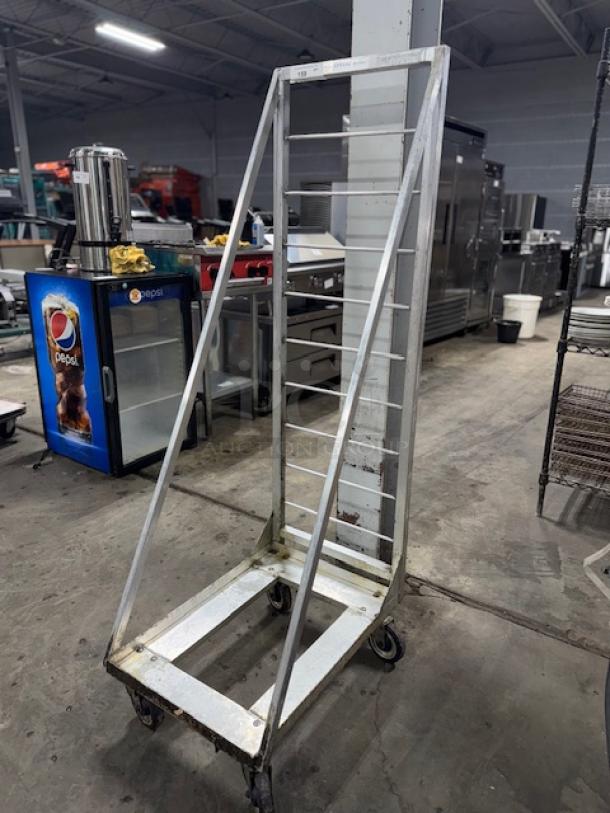Channel FBR-27 Mobile Fryer Basket Rack, 27 basket capacity, sturdy metal construction, used condition, industrial wheels.