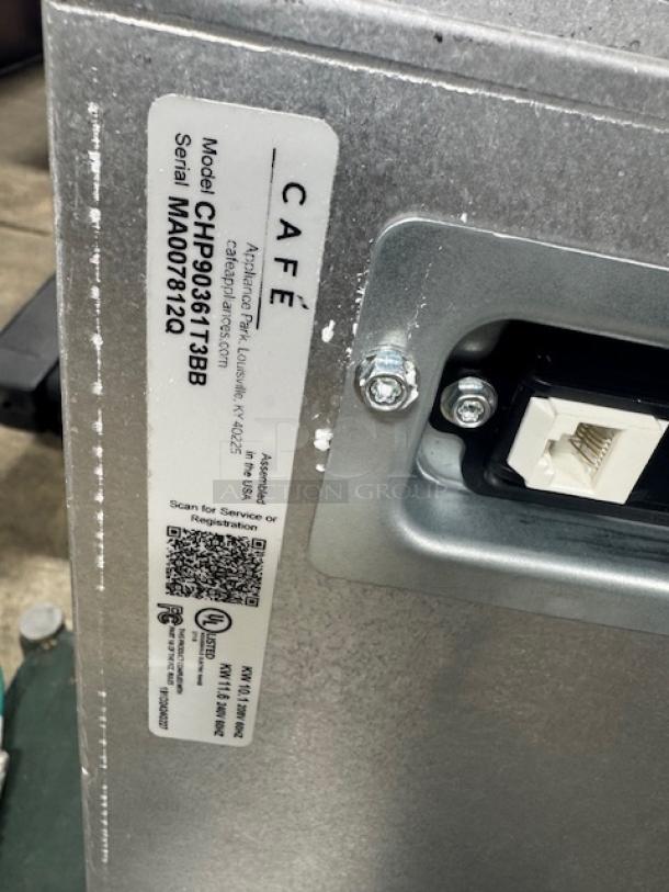 BRAND NEW Café induction cooktop model CHP90361TBB, ENERGY STAR rated. Features touch control. Black finish. Label with model and serial number visible.