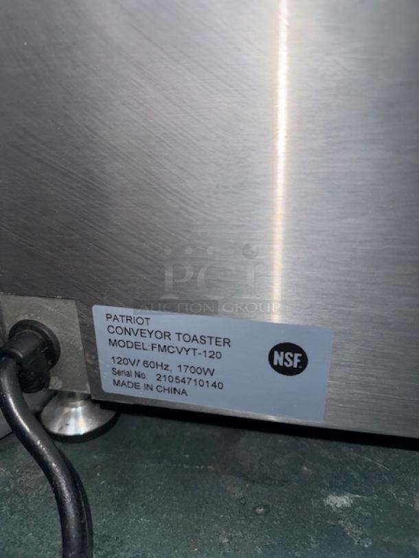 PATRIOT FMCVYT-120 conveyor toaster, large capacity, toasts 300 slices/hour, NSF certified, 120V, 1700W, made in China.