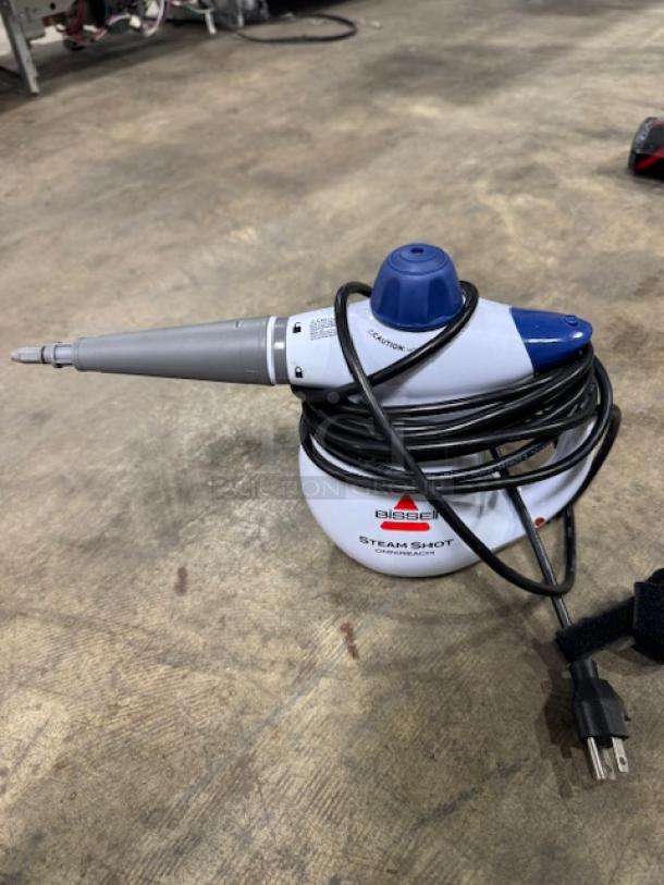 BISSELL Steam Shot 39N75 Handheld Steam Cleaner, 1000W, 6.6 oz tank, model 4171F, white with coiled power cord.