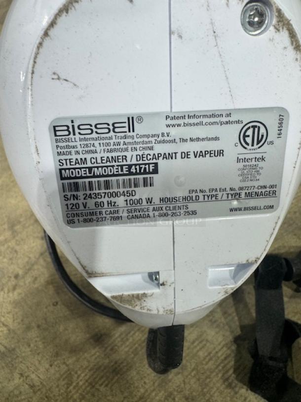 BISSELL Steam Shot 39N75 Handheld Steam Cleaner, Model 4171F, 1000W, 6.6 oz tank, white; serial label visible.