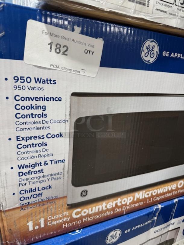 BRAND NEW GE 2.2-cu ft 1100-Watt Countertop Microwave, Model GCSH22U1WSS, stainless steel, in original packaging.