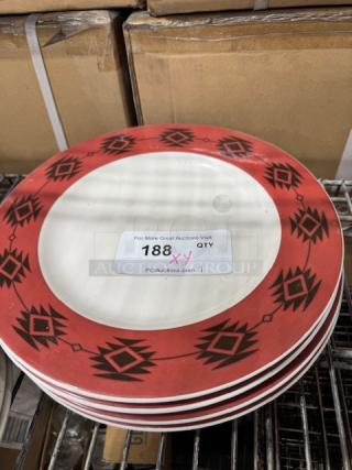 CERAMIC wide rim stoneware plate with rolled edge, red and black geometric pattern. Auction label shows "188 X4".