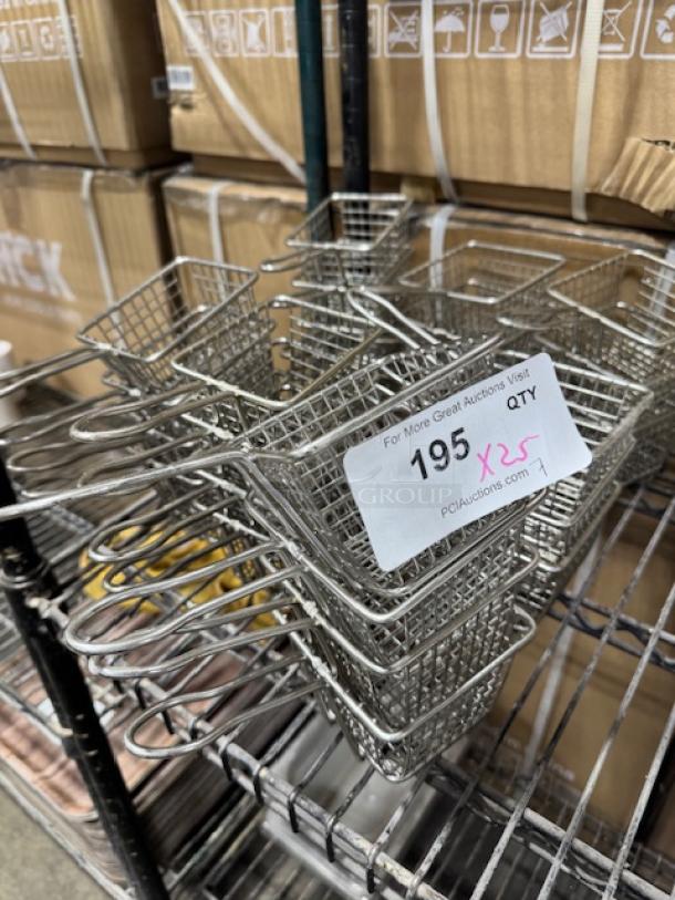 Mini stainless steel fry baskets with handles, stacked on a shelf. Tag marked "195 QTY" and "x25."