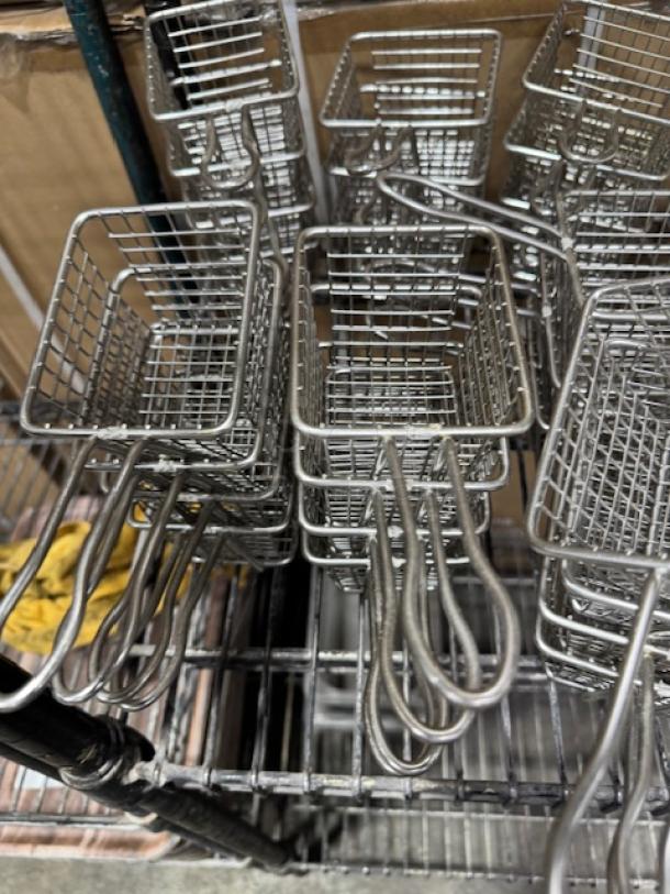Square mini fry basket with handles, stainless steel, shown stacked on a shelf. Ideal for serving or cooking small portions.