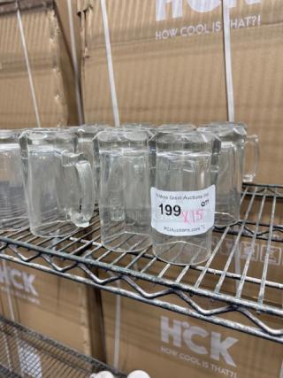 Vintage clear glass mugs on a metal shelf, in good condition. Auction tag indicates lot number 199.