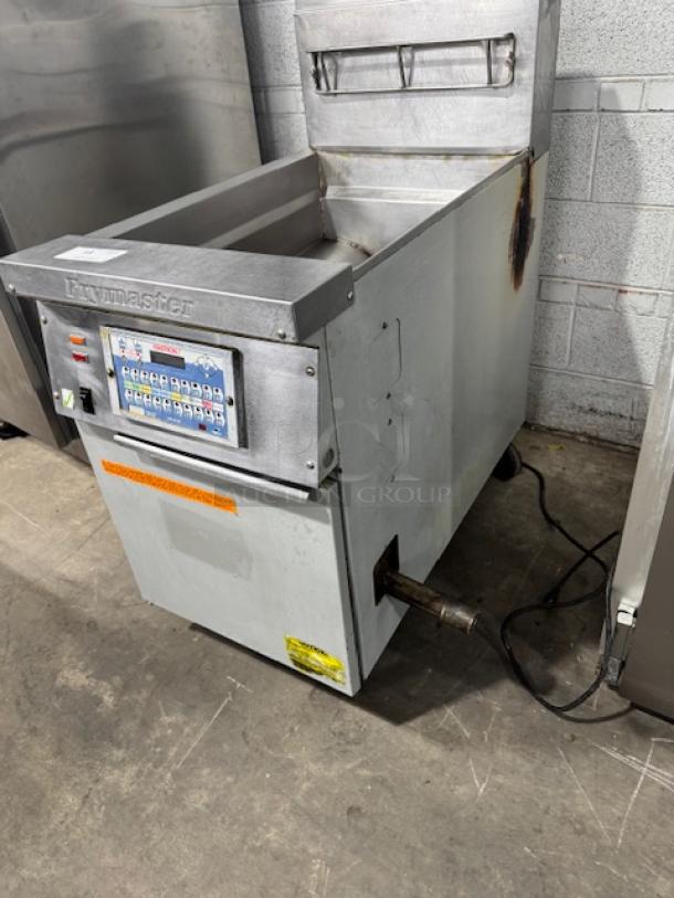 Frymaster KJ3FCSP natural gas fryer, used, removed from KFC remodel. Features control panel and Frymaster branding.