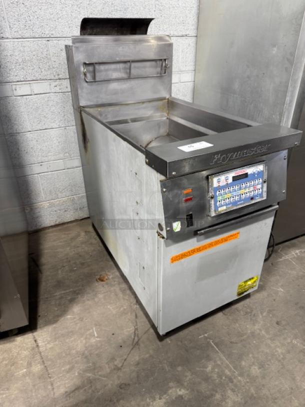 Frymaster Model KJ3FCSP natural gas fryer in fair condition, removed from a KFC remodel. Features control panel and Frymaster branding.