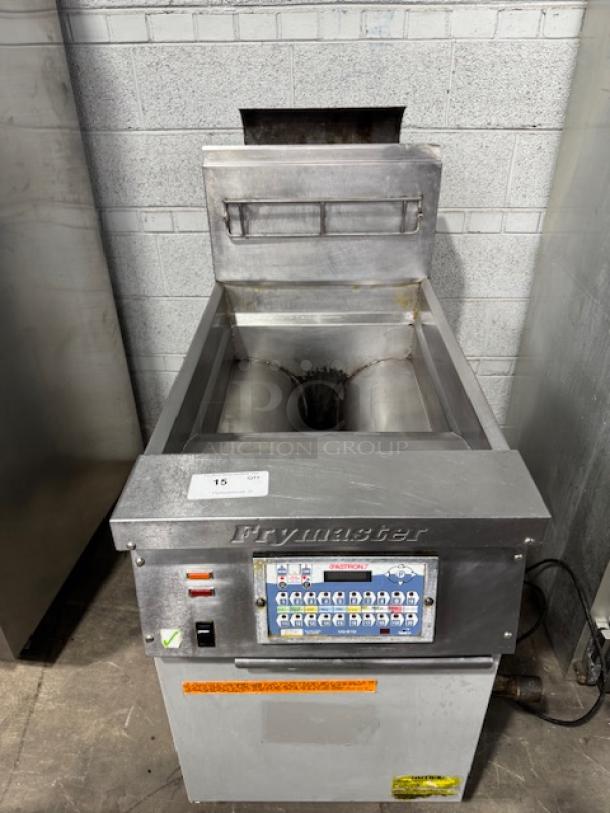 Frymaster Model KJ3FCSP natural gas fryer from KFC remodel, good condition, visible control panel, stainless steel body.