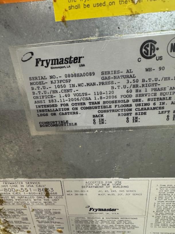Frymaster Model KJ3FCSP natural gas fryer label. Serial: 0808HA0089. Used in a KFC remodel. Clearly marked specifications.